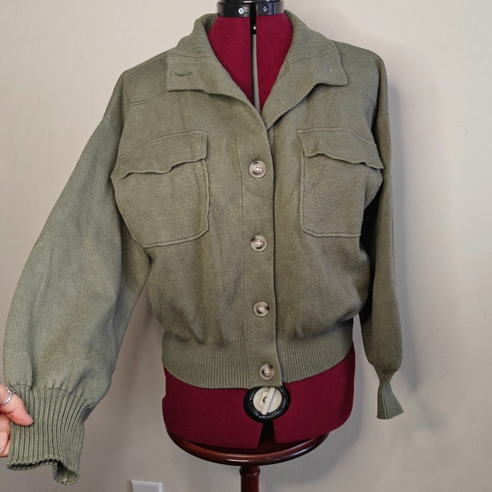 Tahari Womens Cardigan Sweater Jacket Green Utility Button Balloon Sleeve Medium